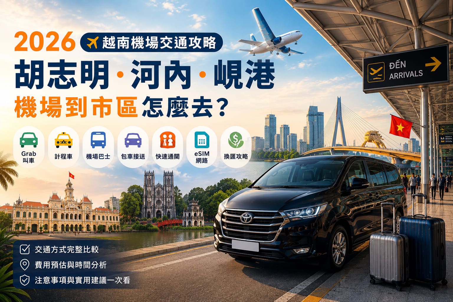越南機場交通攻略，胡志明、河內、峴港機場接送與包車服務示意圖